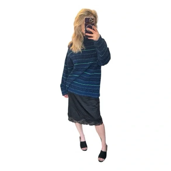 Vintage Y2K Era Yarnworks Navy Striped Turtleneck Sweater Size XL - Picture 7 of 7